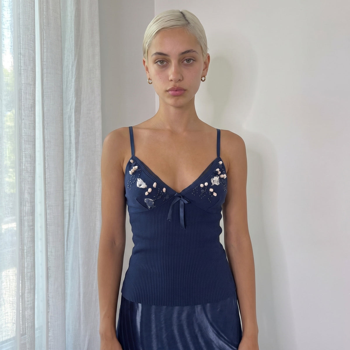 Vintage Navy Embellished Knit Cami Top Floral Appliqué Ribbon Y2K (S)