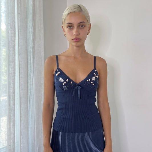 Vintage Navy Embellished Knit Cami (S)