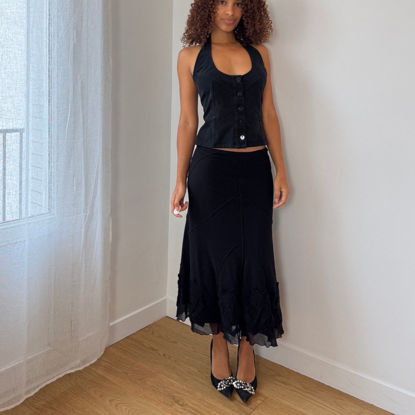 Italian Vintage black wool-appliqué flounce midi skirt (S)