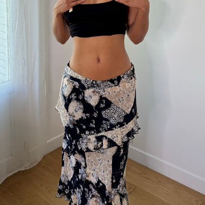 Vintage Italian Black Beige Floral Ruffle Mesh Midi Skirt (S)