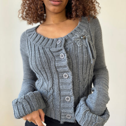 Vintage French grey cable knit cardigan with matching scarf and fringe hem (S)