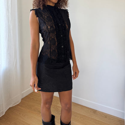 Vintage Italian sheer black lace ruffle button-up top (S/M)