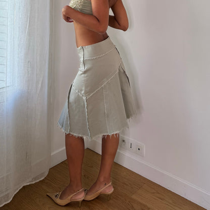 Parisian Vintage Pale Seafoam Green Sage Asymmetric Layered Raw Hem Low Rise Midi Skirt
