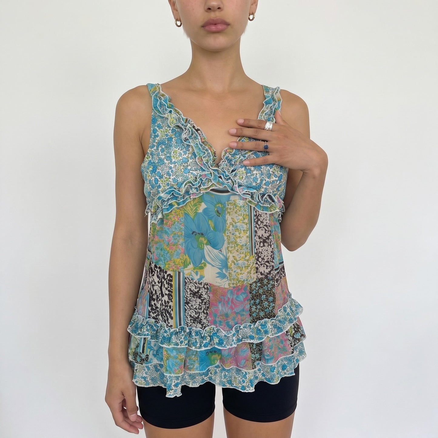 Vintage Blue Patchwork Mesh Top (S)