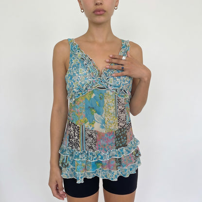 Vintage Blue Patchwork Mesh Top (S)