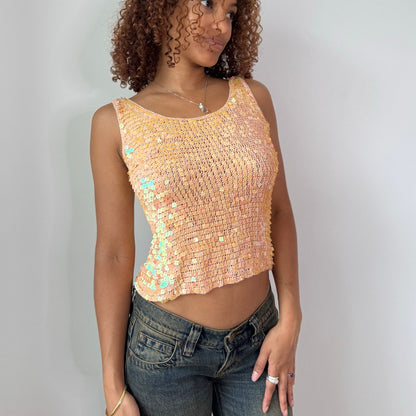 Vintage Peach Sequin Knit Tank Top Y2K Euro Sparkle Top (S)