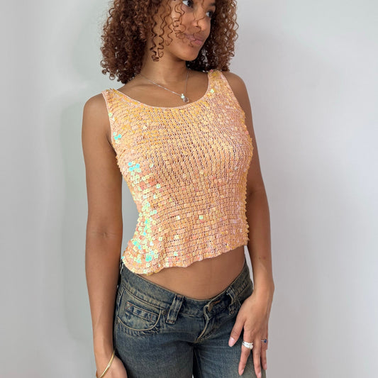 Vintage Peach Sequin Knit Tank Top Y2K Euro Sparkle Top (S)