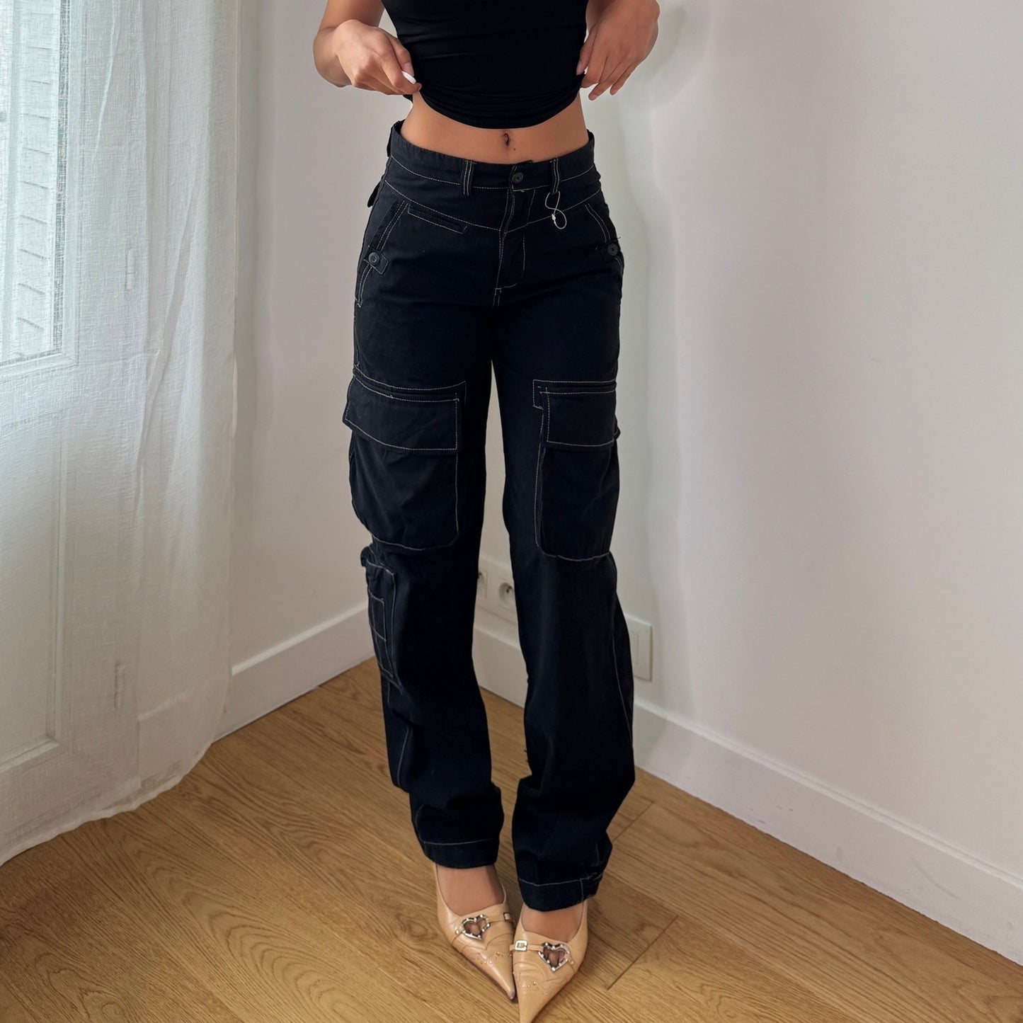 Vintage Black Cargo Pants Y2K Utility Pocket Trousers Euro Vintage (S) ⠀
