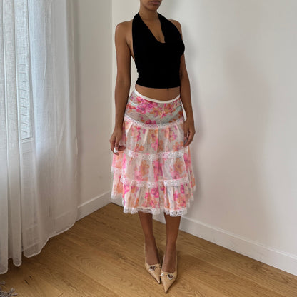 Vintage Euro floral mesh tiered lace-trim semi-sheer midi skirt (XS/S)