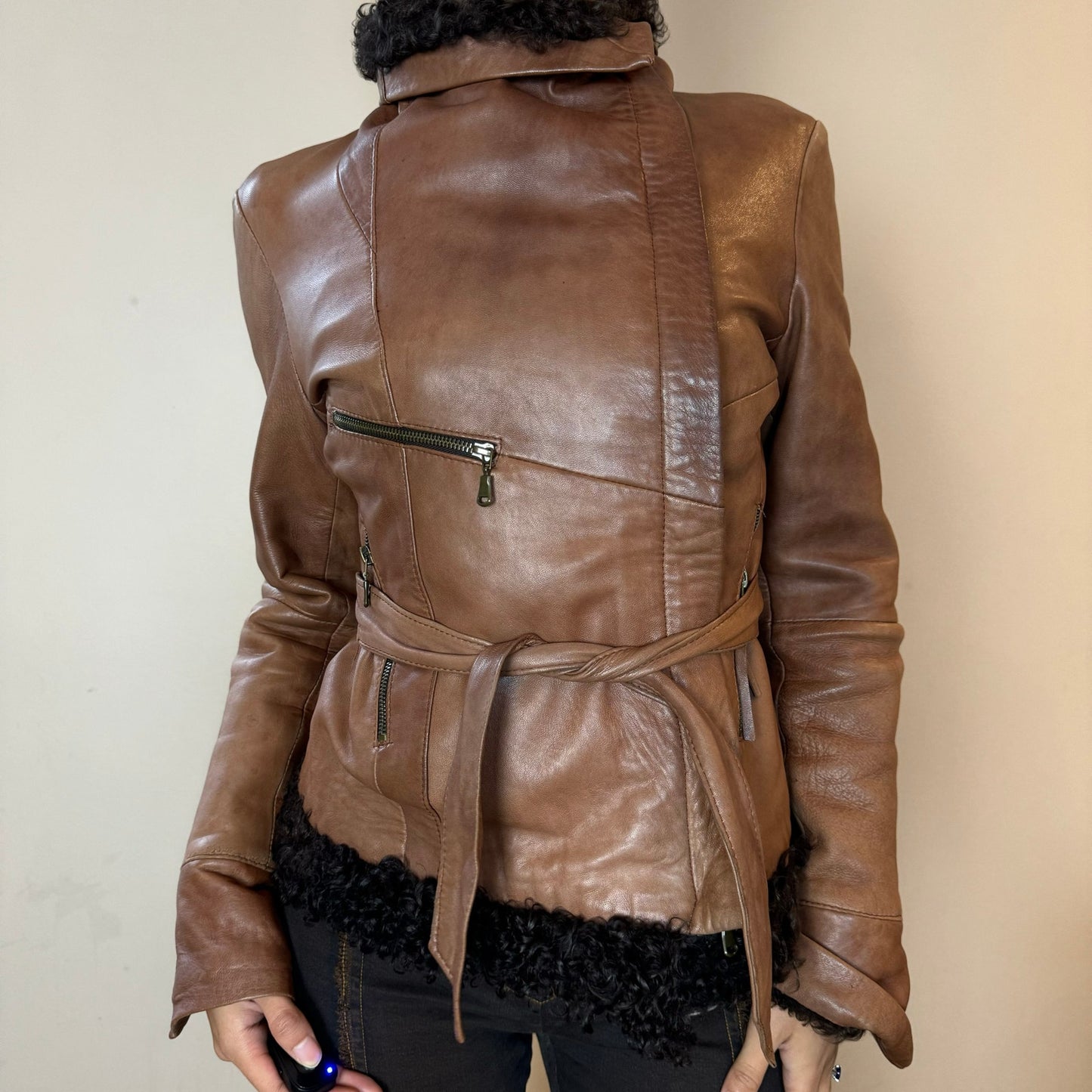 Vintage 90s Italian leather with Mongolian fur trimmed jacket (S)