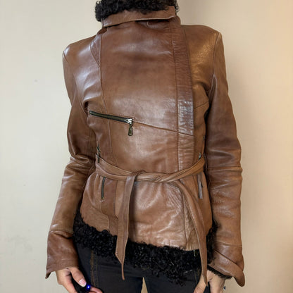 Vintage 90s Italian leather with Mongolian fur trimmed jacket (S)