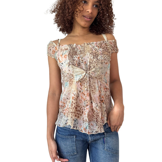 Vintage Floral Leopard Print Silk Mesh Top Off Shoulder Y2K Italian 100% Silk (M)