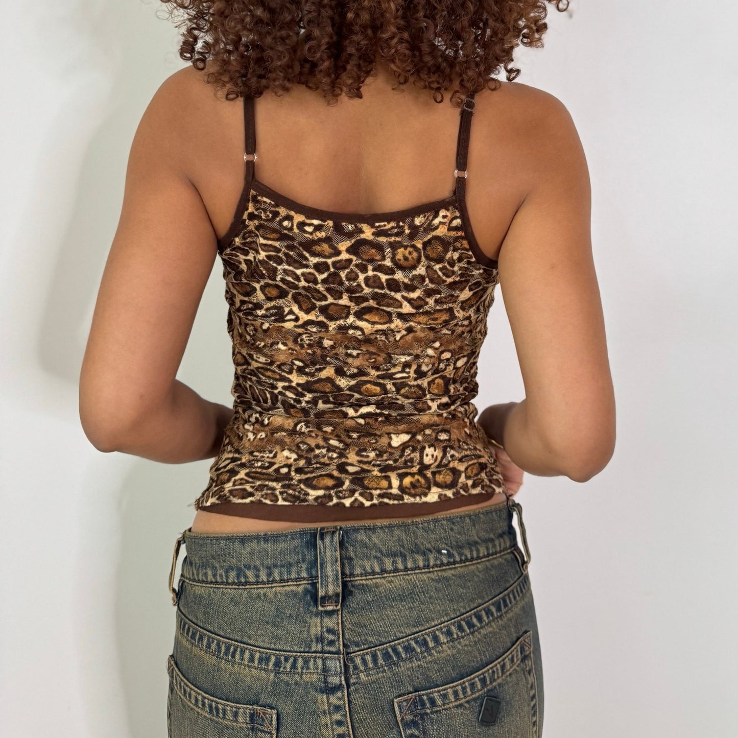 Vintage Brown Leopard Print Sequin Mesh Lace Cami Top Y2K (S)