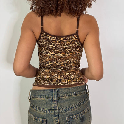 Vintage Brown Leopard Print Sequin Mesh Lace Cami Top Y2K (S)