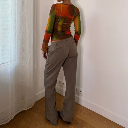 Italian Vintage Green Pinstripe Low Rise Wide Leg Trousers with Silver Ring Hardware