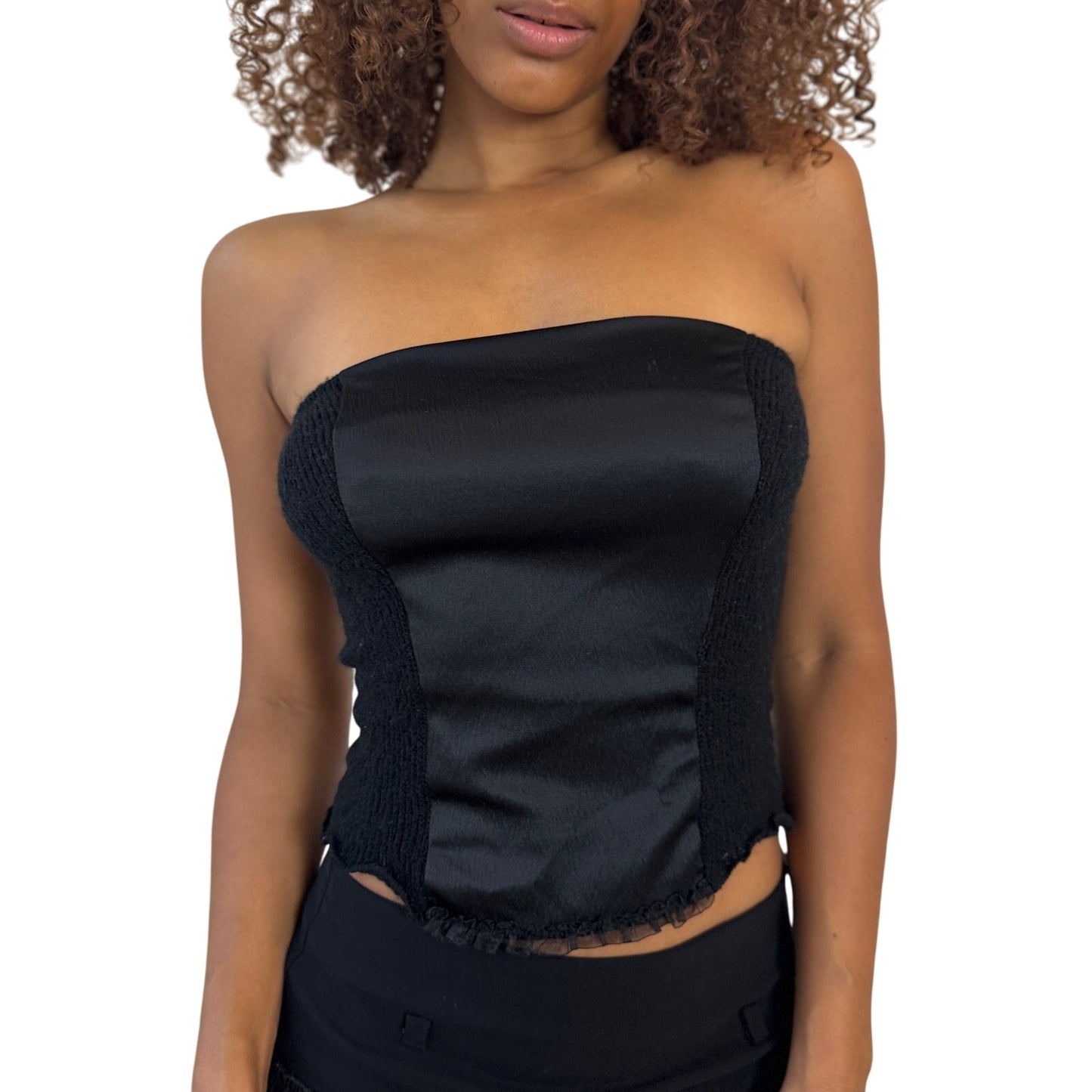 Vintage Italian mohair-blend knit & satin black bustier top (S)