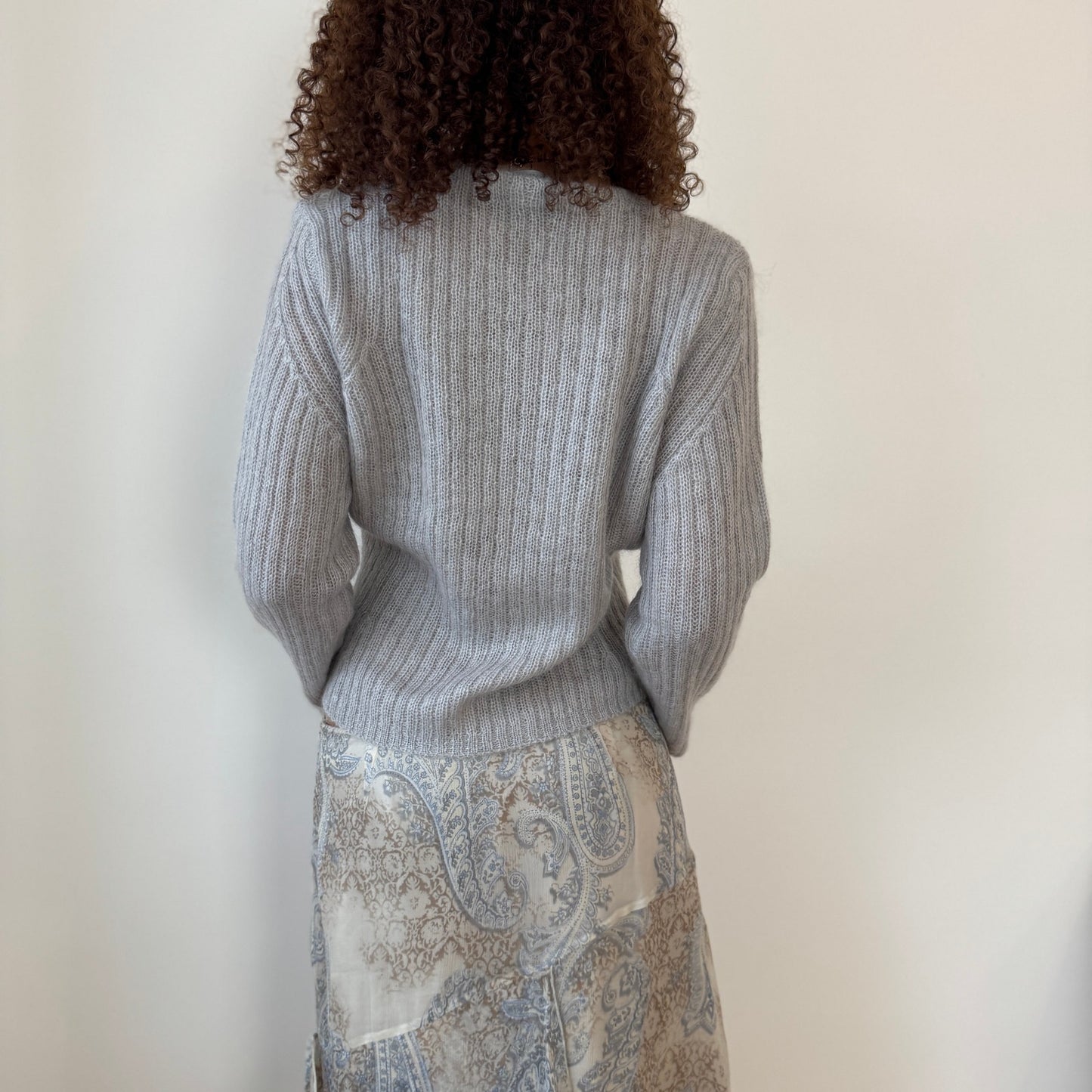 Italian Vintage light grey ribbed mohair-blend knit button-front cardigan (Medium)