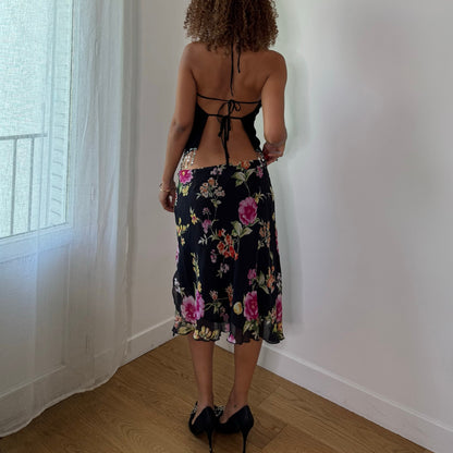 Vintage Black Floral Silk Mesh Midi Skirt Double Layer Italian Y2K (S/M)