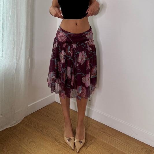 Vintage Sisley Burgundy Floral Silk Mesh Skirt (S) ⠀