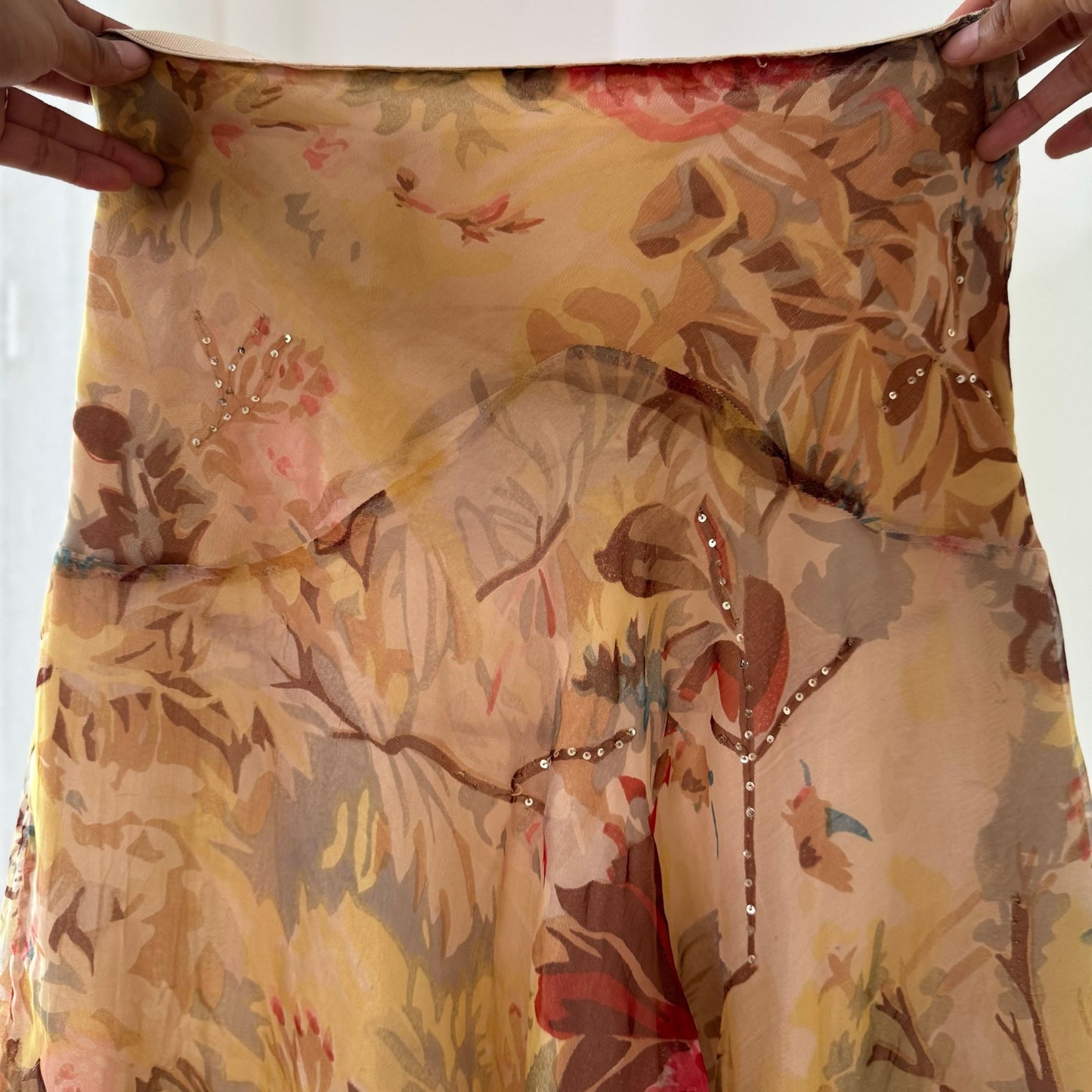 Vintage Beige Pink Floral Mesh Midi Skirt Italian Y2K (XS/S)