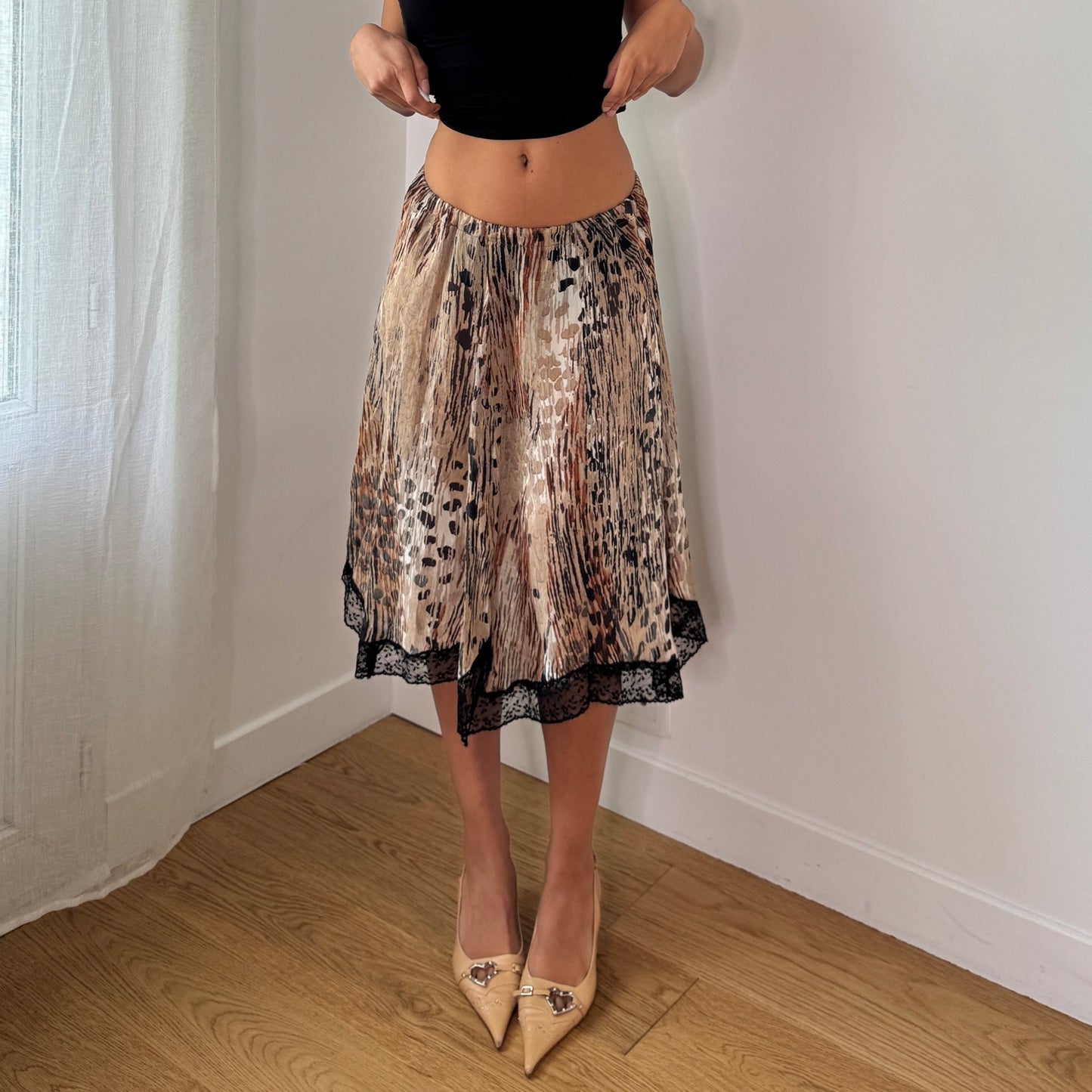 Vintage Animal Print Pleated Midi Skirt Italian Y2K Lace Hem Skirt (S) ⠀