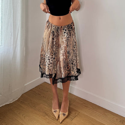 Vintage Animal Print Pleated Midi Skirt Italian Y2K Lace Hem Skirt (S) ⠀