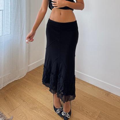 Italian Vintage black wool-appliqué flounce midi skirt (S)