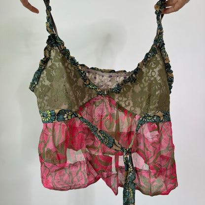 Vintage Sage Green Pink Floral Lace Mesh Tie Front Cami Top Y2K (M)