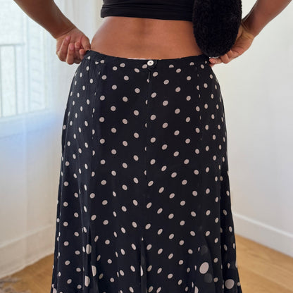 Vintage Y2K Black Polka Dot Silk Maxi Skirt with Ruffle Hem (S/M)