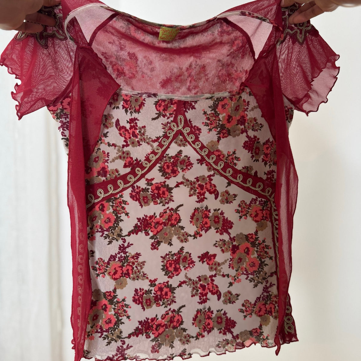 Italian vintage Y2K burgundy floral mesh top with beaded embroidered sleeves and tie-front neckline