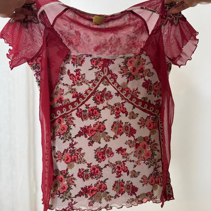 Italian vintage Y2K burgundy floral mesh top with beaded embroidered sleeves and tie-front neckline