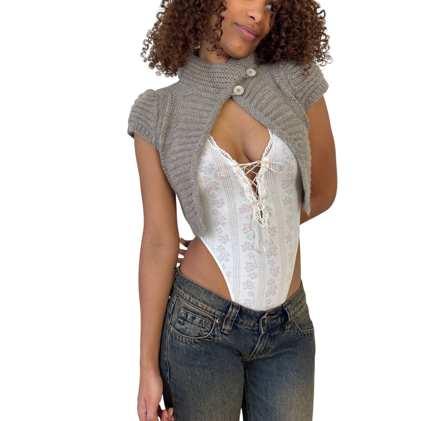 Vintage Italian grey mohair wool blend cropped knit cape cardigan with high collar and double button closure (S)