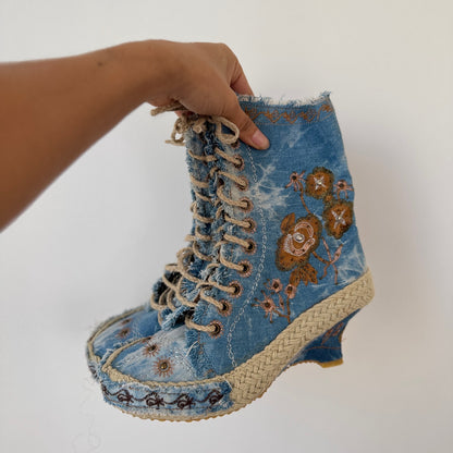 Vintage Denim Embroidered Lace-Up Wedge Boots Frayed Detail (EU 39 / US 8.5)
