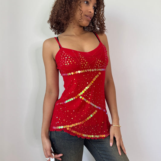 Vintage Y2K Red Sequin Mesh Tank Top with Gold Disc Embellishments (S/M) ⠀