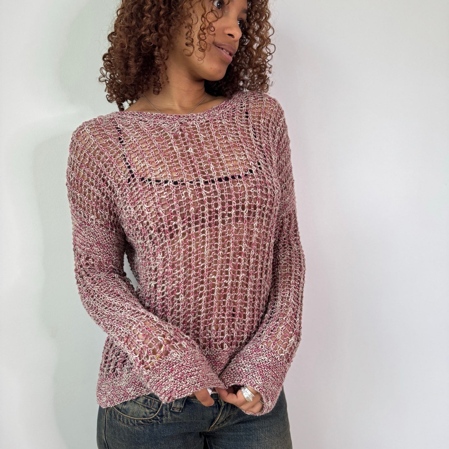 Vintage Pink Open Knit Sweater Sheer Crochet Y2K Euro Top (S/M)