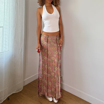 Vintage Pink Green Floral Silk Mesh Maxi Skirt Italian Y2K (S/M)