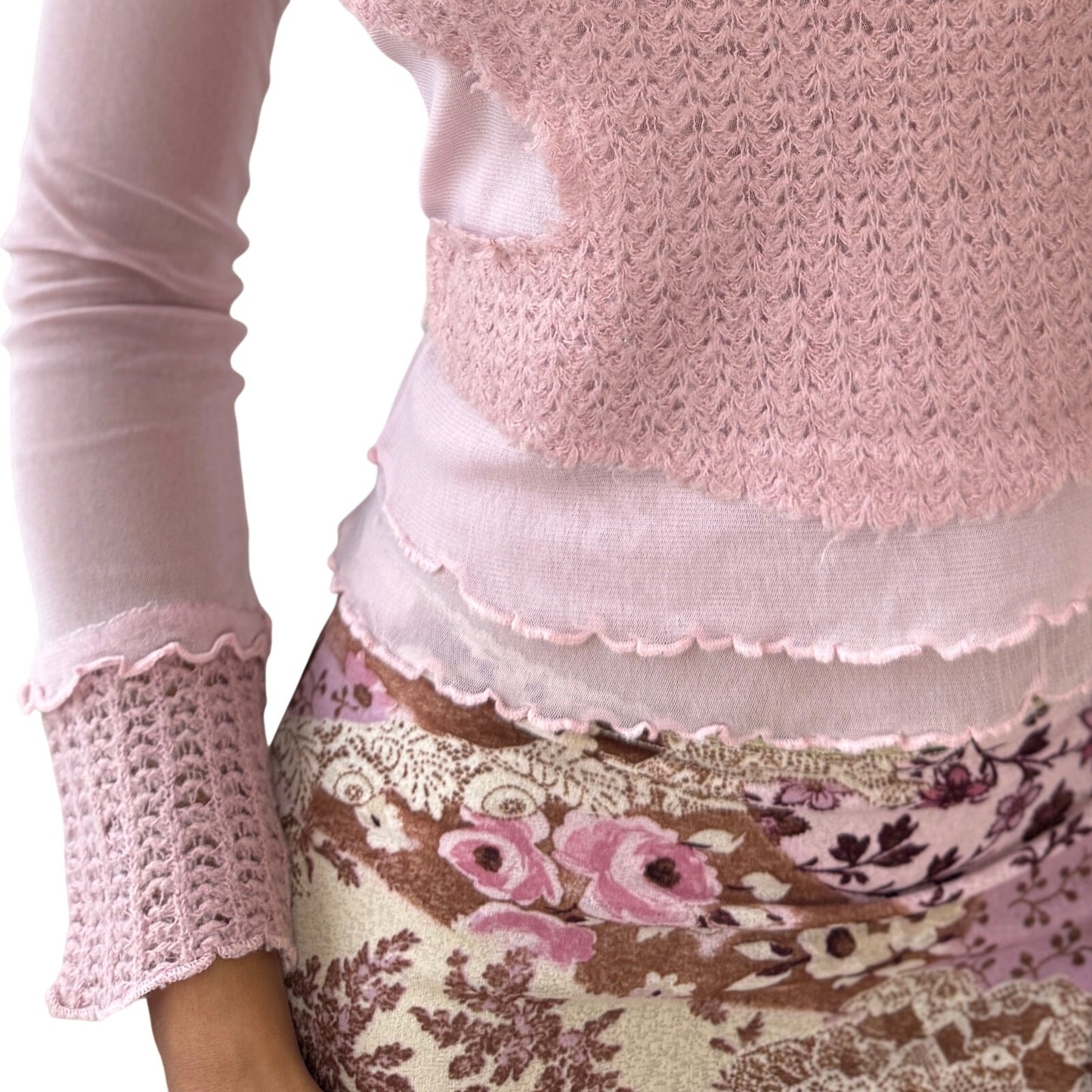 Euro Vintage Italian Pink Mesh & Knit Patchwork Top (Small)