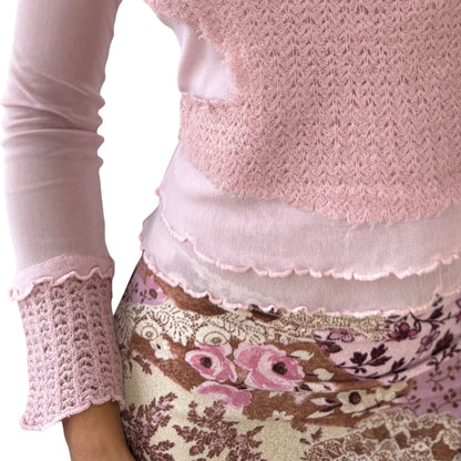 Euro Vintage Italian Pink Mesh & Knit Patchwork Top (Small)