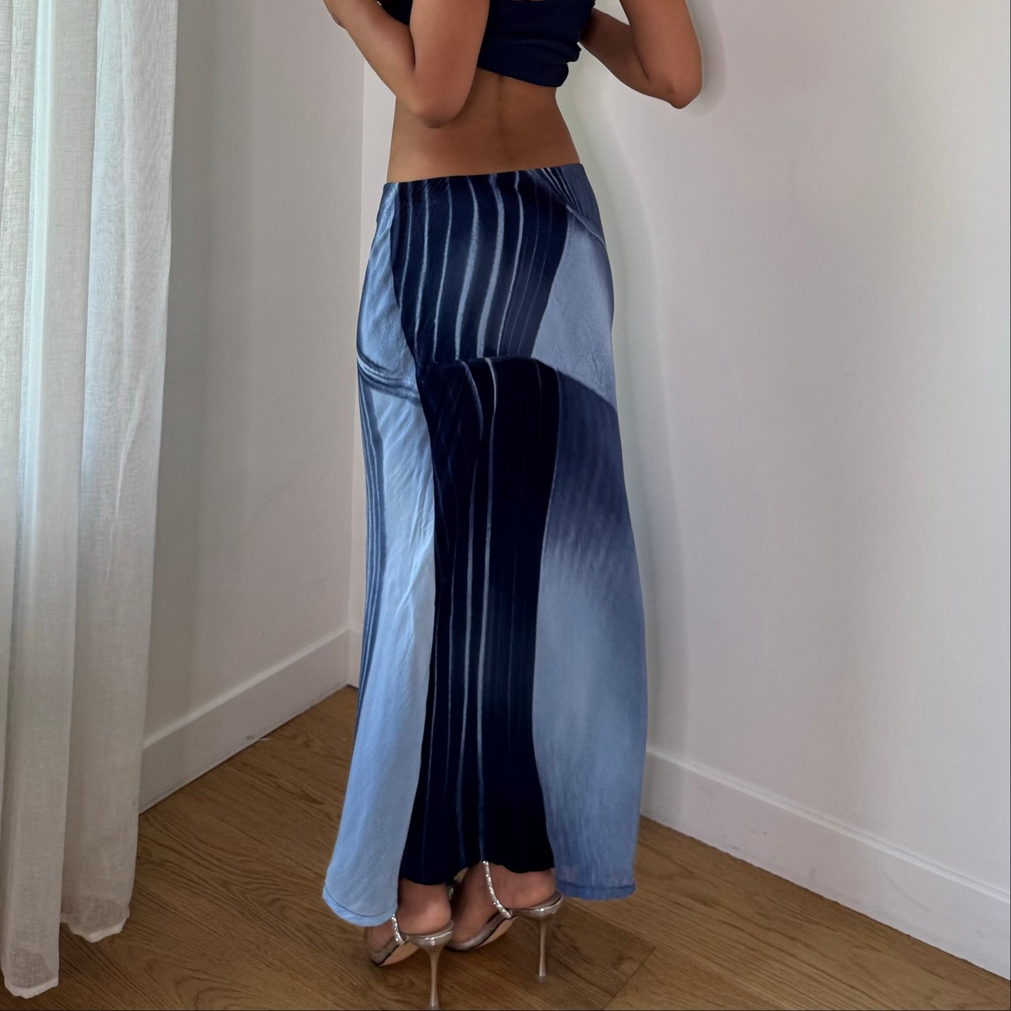 Vintage Blue Abstract Mesh Maxi Skirt Double Layer Viscose Italian Y2K (S)