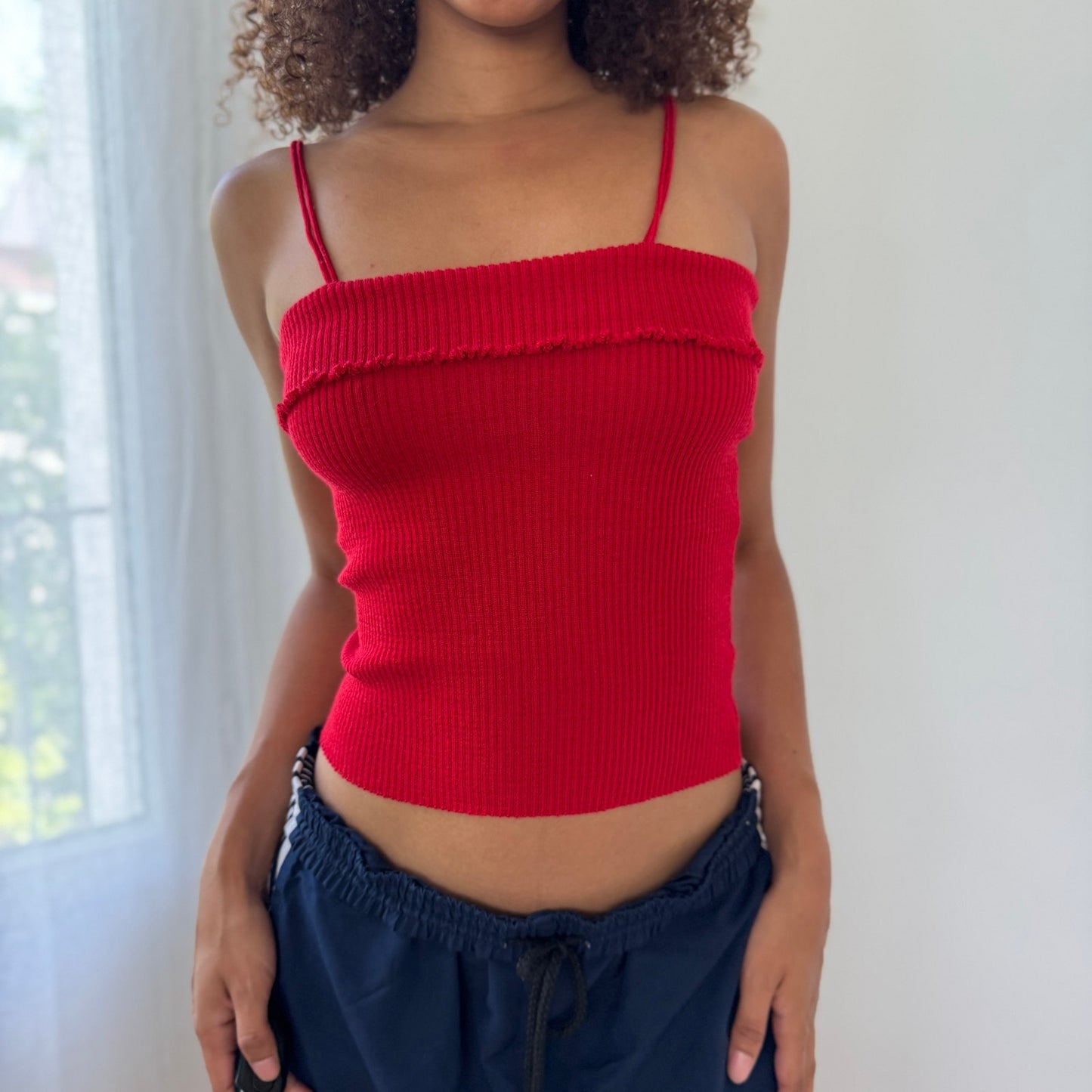 French 90s Vintage Ribbed Knit Cami in Cherry Red (S/M)