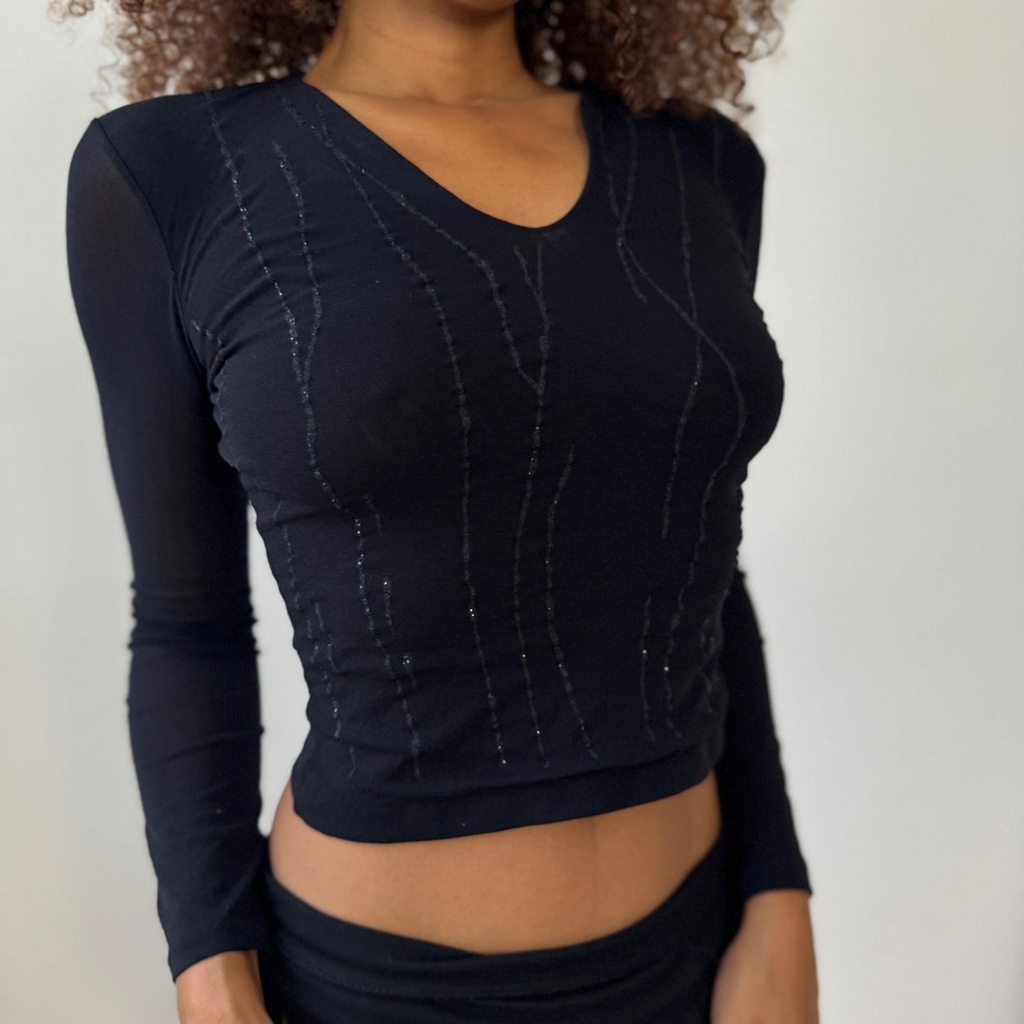 Italian Made Semi-Sheer Shimmer Mesh V-Neck Long-Sleeve Top (Small)