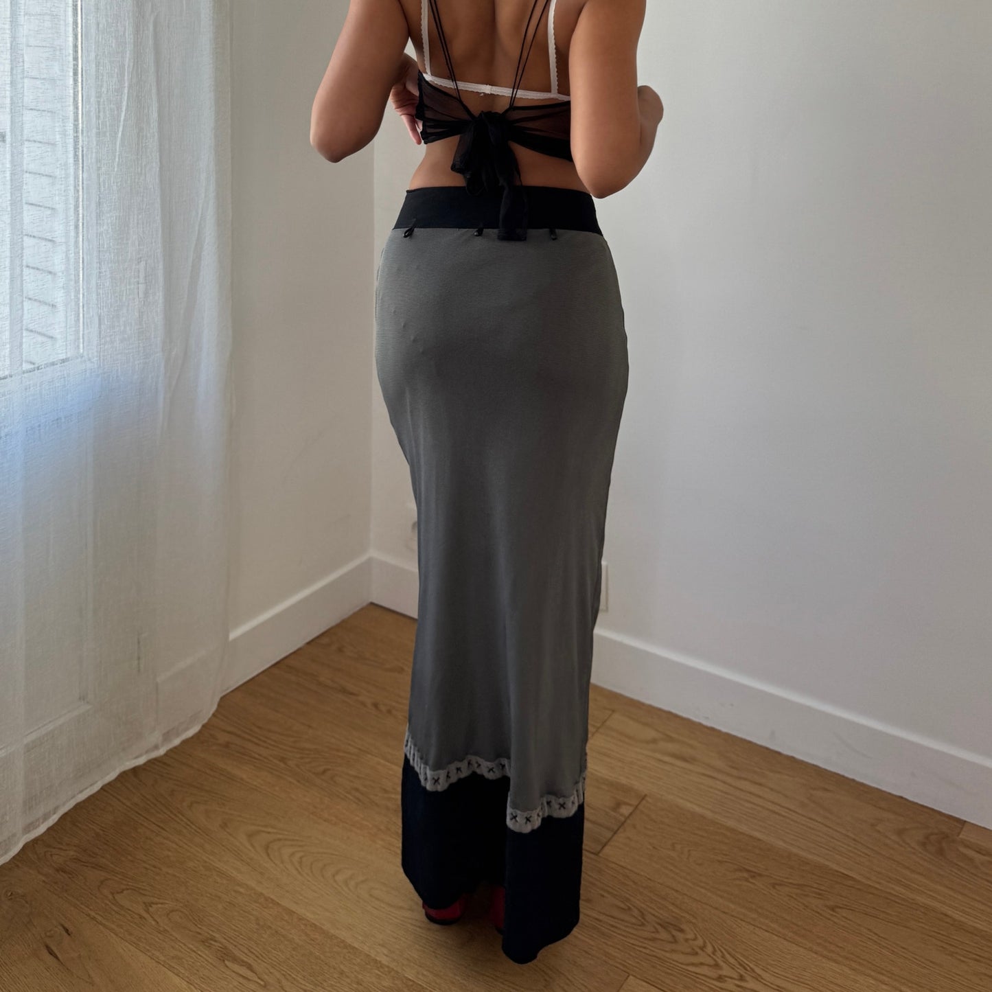 Vintage Two Tone Maxi Skirt Grey Black Viscose Blend (XS)