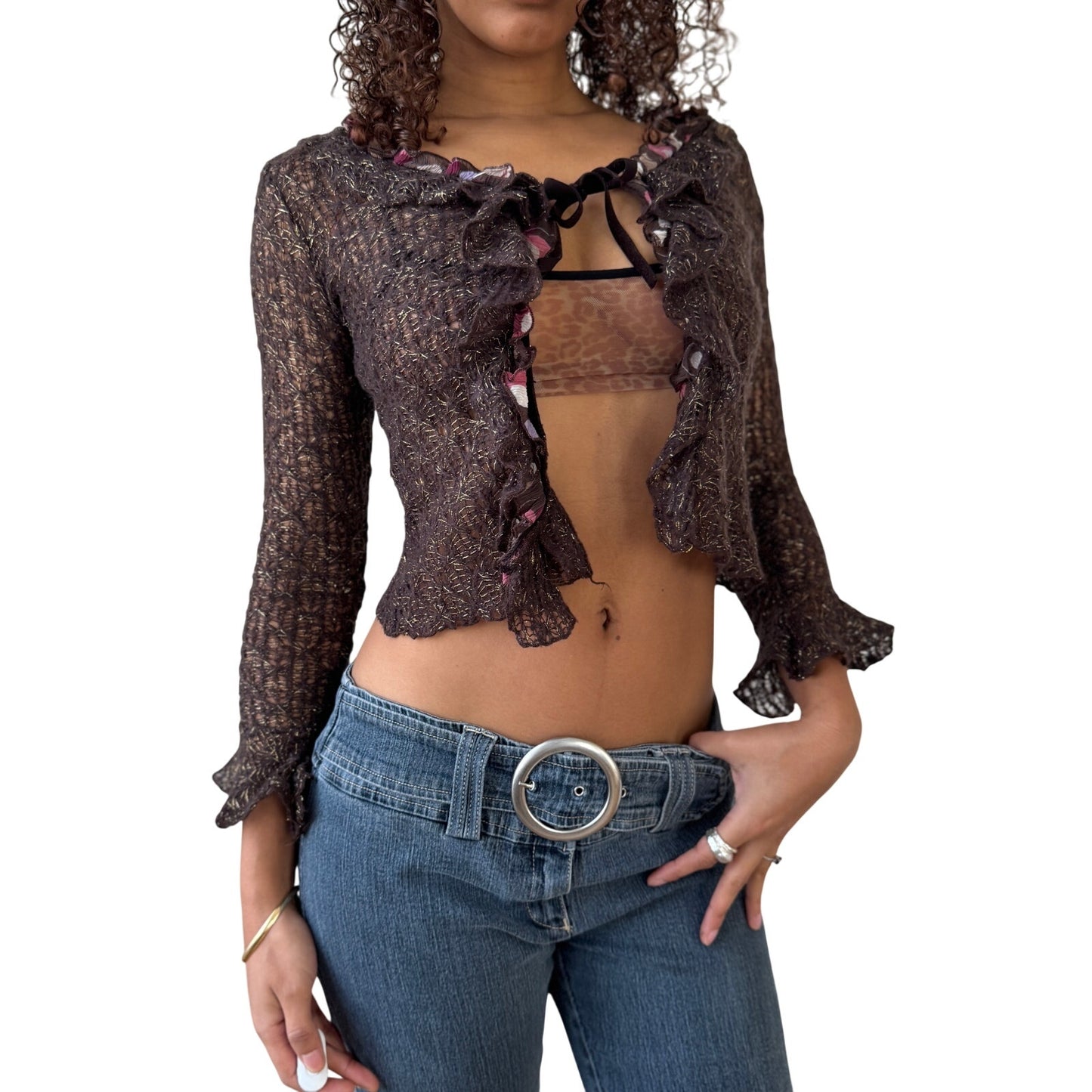 Vintage brown sheer mohair ruffle cardigan with gold metallic threads (XS)