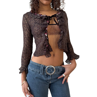 Vintage brown sheer mohair ruffle cardigan with gold metallic threads (XS)