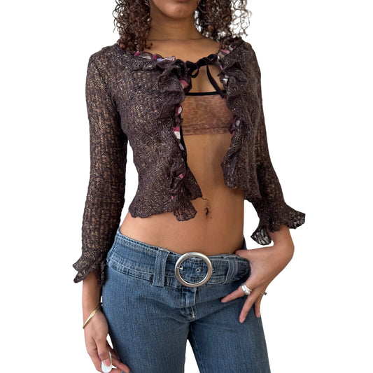 Vintage brown sheer mohair ruffle cardigan with gold metallic threads (XS)