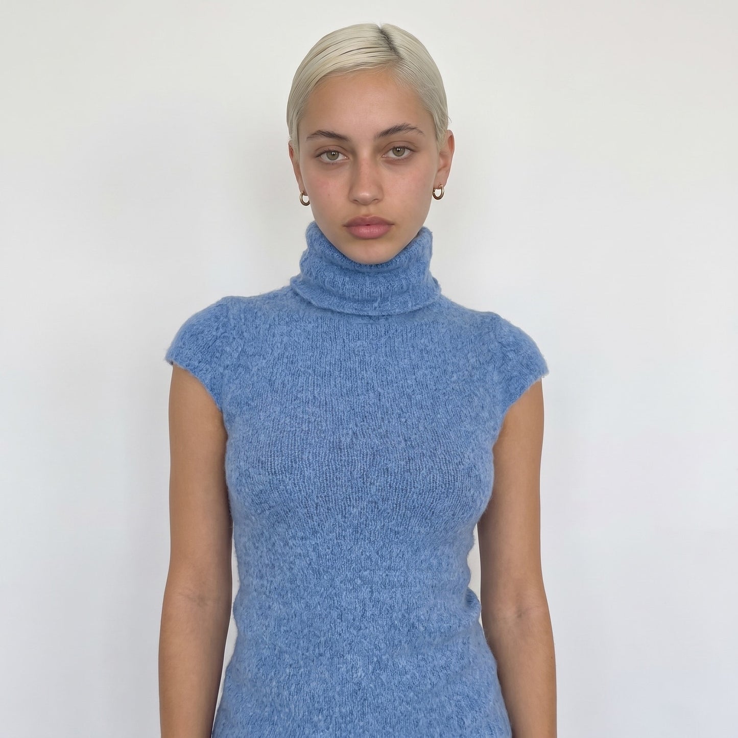 Vintage Blue Mohair Wool Blend Knit Top Cap Sleeve Turtleneck Italian (S/M)
