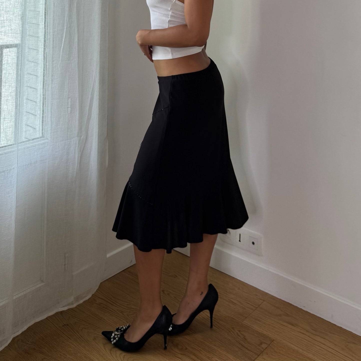 Vintage Black Embellished Slinky Midi Skirt Rhinestone Beaded Y2K (S)