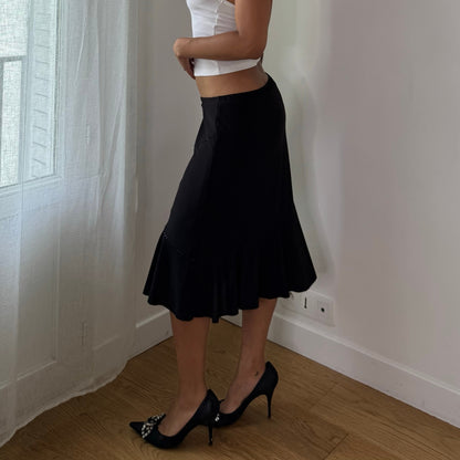 Vintage Black Embellished Slinky Midi Skirt Rhinestone Beaded Y2K (S)