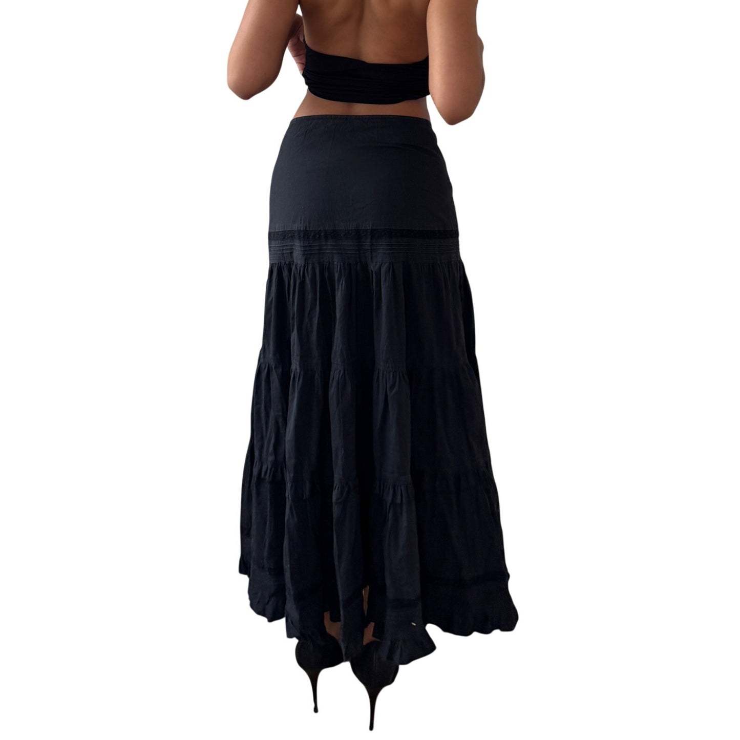 Vintage Black Tiered Midi Skirt Y2K French Cotton Blend (S)