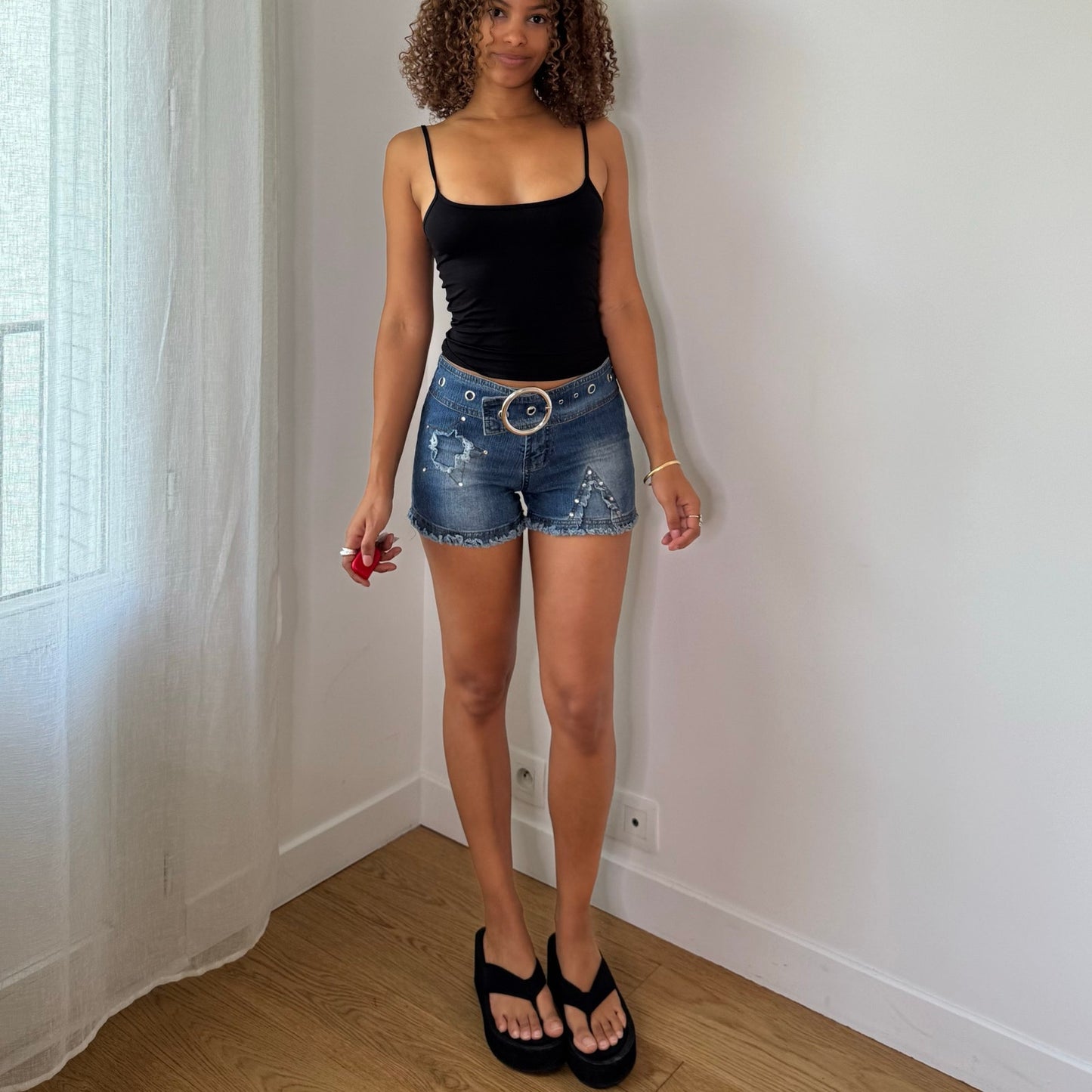 Vintage Blue Denim Rhinestone Buckle Micro Shorts Italian Y2K (XS/S)